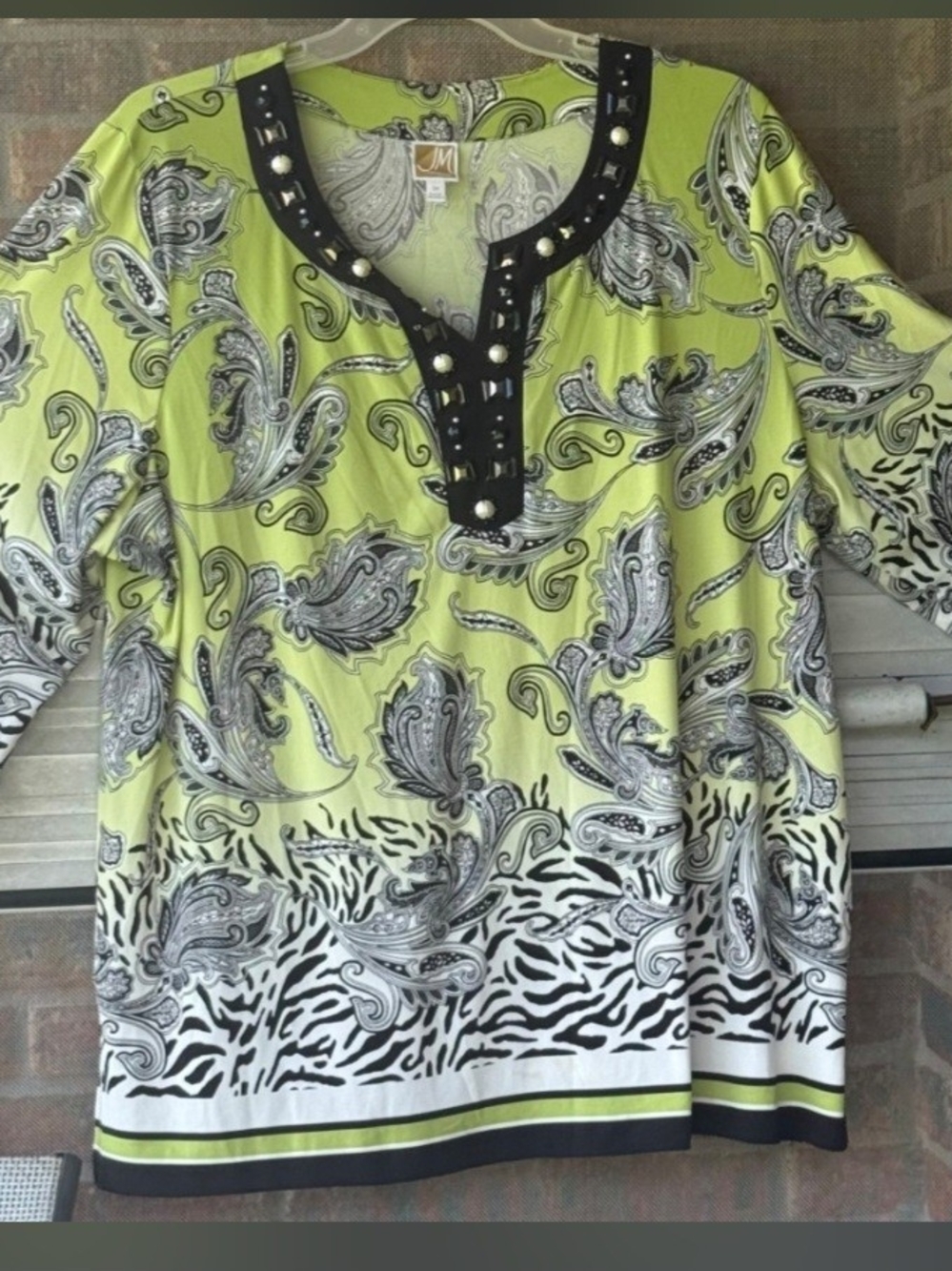 JM Collection Lime Paisley Stud-Trim Tunic Top Size 3x
